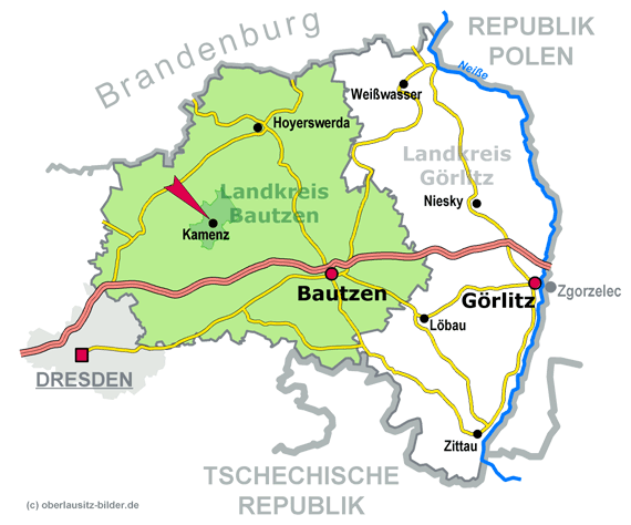 Lage der Stadt Kamenz im Landkreis Bautzen