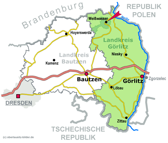 Lage der Stadt Weißwasser im Landkreis Görlitz