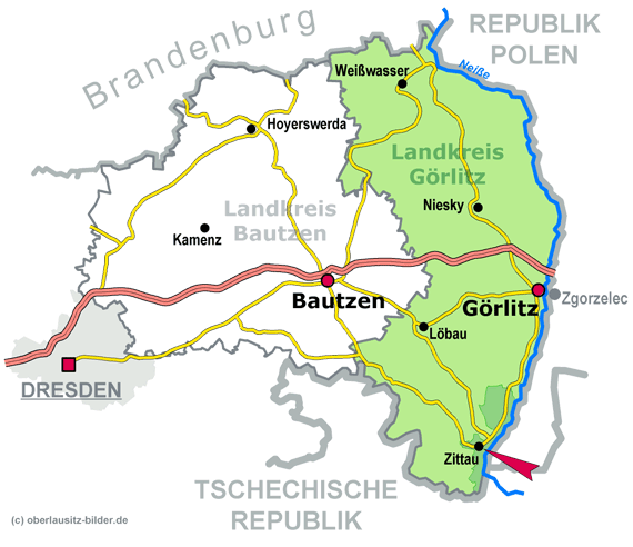 Lage der Stadt Zittau im Landkreis Görlitz